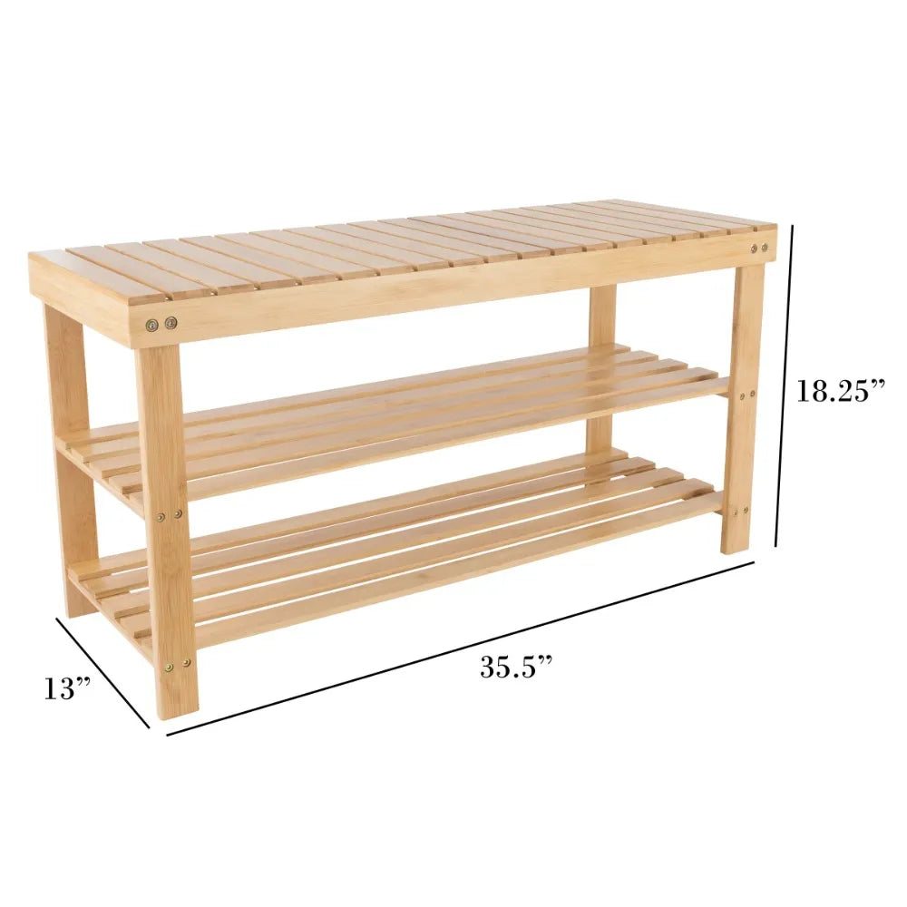 Boussac Bamboo Shoe Rack Bench - 2 Shelves, Natural Wood, Eco-Friendly - Bedroom, Entryway, Hallways - Farefe