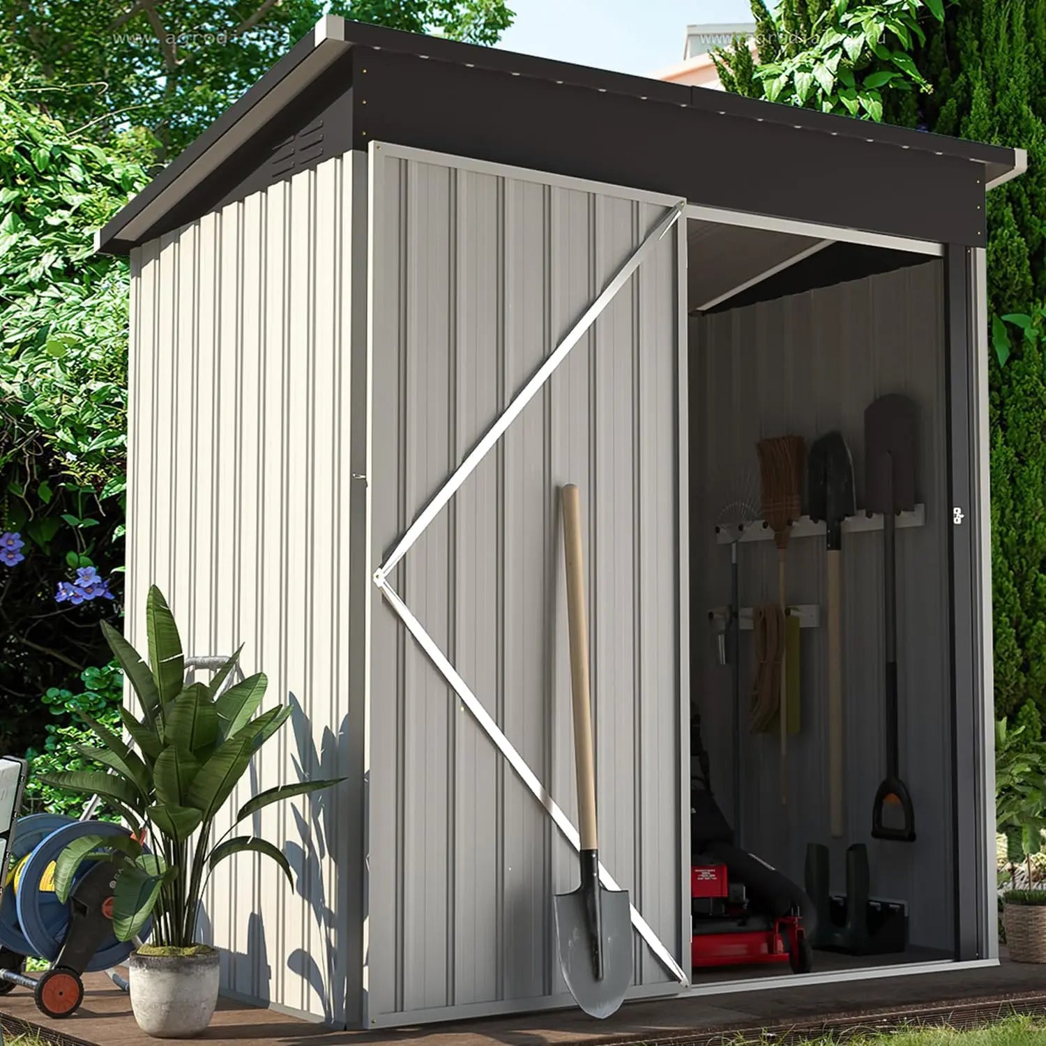 Metal Outdoor Storage Shed, Lockable Bike Shed, Garden Shed & Tool Shed for Backyard, Patio, Lawn, Brown/White - Farefe