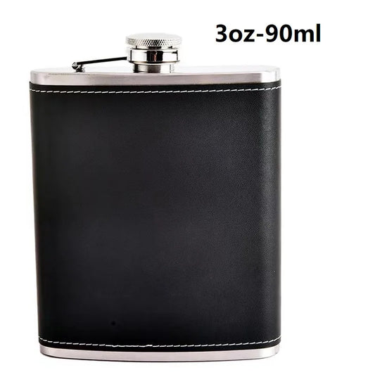Stainless Steel Pocket Hip Flask with Black Leather Cover for Discreet Shot Drinking - Perfect Gift for Whiskey, Rum, and Vodka Lovers - Farefe