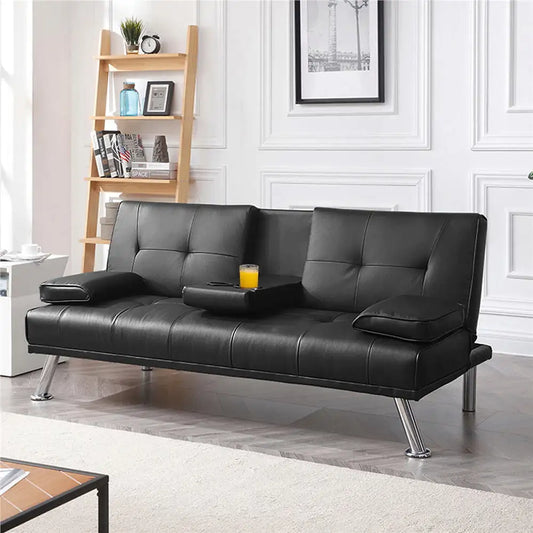LuxuryGoods Modern Faux Leather Futon with Cupholders and Pillows, Black - Farefe