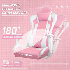 PUKAMI Pink Cute Kawaii Gaming Chair for Girls - Ergonomic High Back Swivel Leather Office Chair