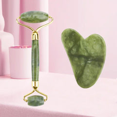 Natural Jade Stone Roller Facial Massager and Gua Sha Scraper Set for Face and Body Massage - Farefe