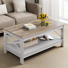 DEXTRUS Farmhouse Coffee Table - 2-Tier Wood Center with Storage Shelf for Living Room, Gray - Farefe