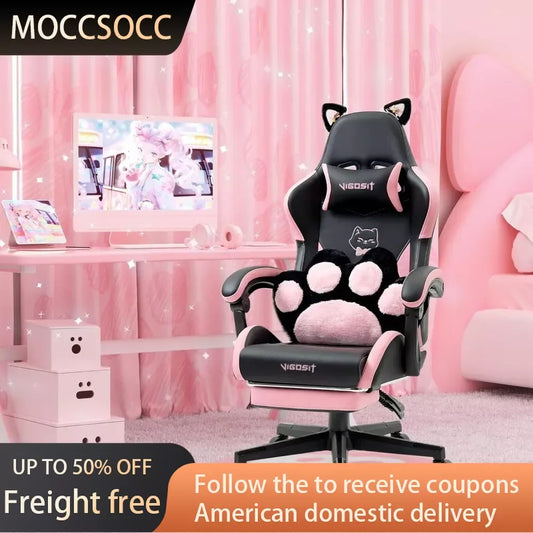 Cute Gaming Chair With Cat Paw Lumbar Cushion and Cat Ears Ergonomic Computer Chair - Farefe