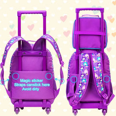 3PCS Rolling Backpack for Girls Kids Roller Wheels Bookbag with Lunch Bag Pink Fishtail Glow-in-the-dark - Farefe