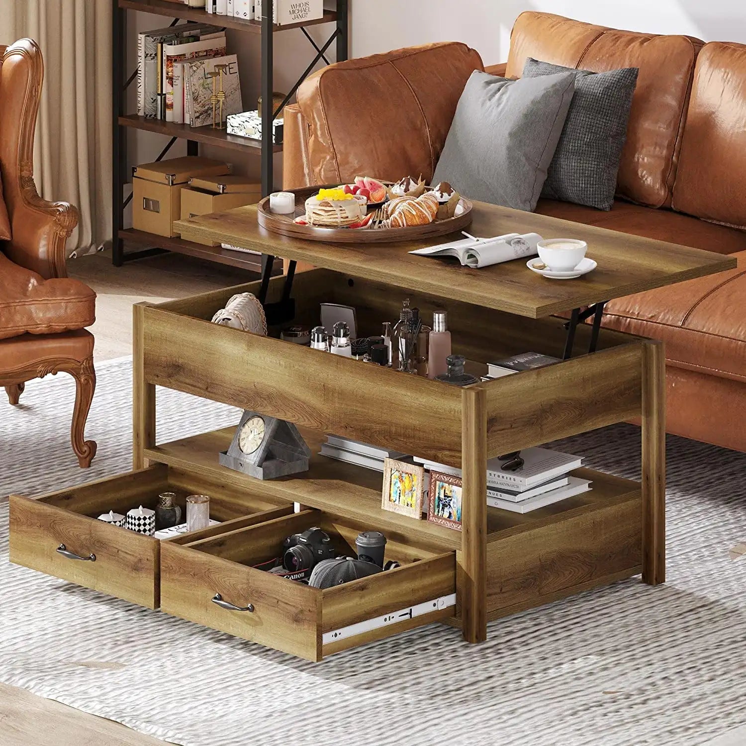 DEXTRUS Wood Lift Top Coffee Tables with 2 Storage Drawers & Hidden Compartment for Living Room Office, Rustic Brown - Farefe
