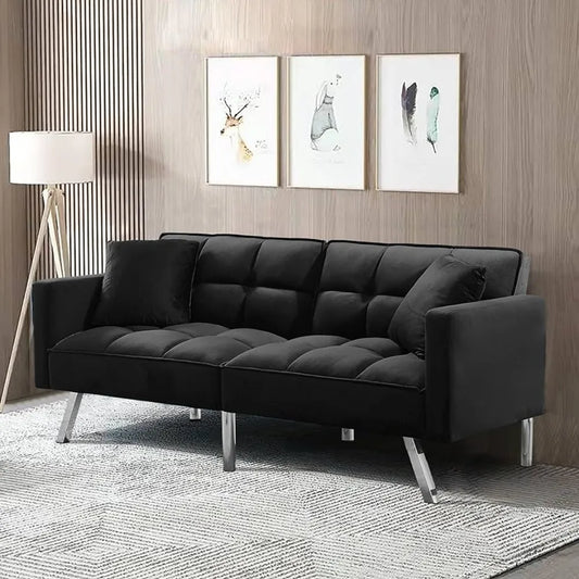 Modern Tuft Futon Couch Convertible Loveseat Sleeper Reclining Sofa Bed Twin Size with Arms and 2 Pillows for Living Room, Black - Farefe