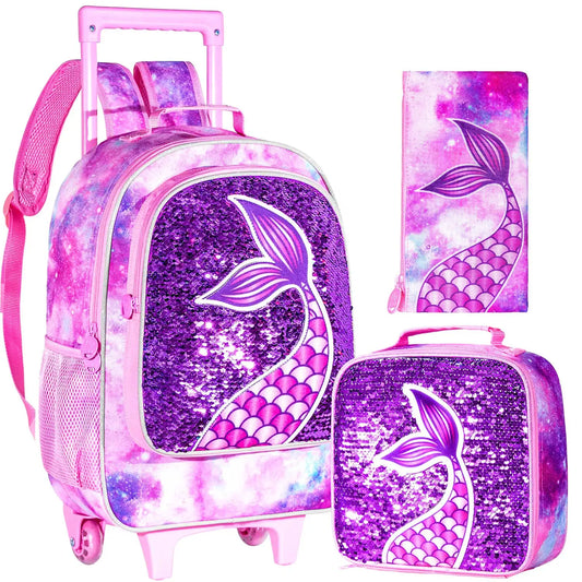 3PCS Rolling Backpack for Girls Kids Roller Wheels Bookbag with Lunch Bag Pink Fishtail Glow-in-the-dark - Farefe