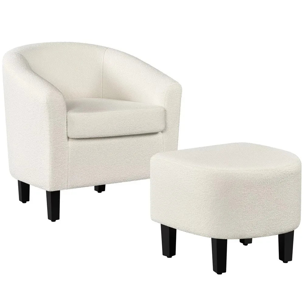 Barrel Accent Chair with Ottoman, Ivory Boucle Fabric - Farefe