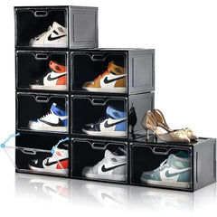 8 Pack Shoe Boxes - Large Black Plastic Stackable Shoe Storage Organizer - Farefe