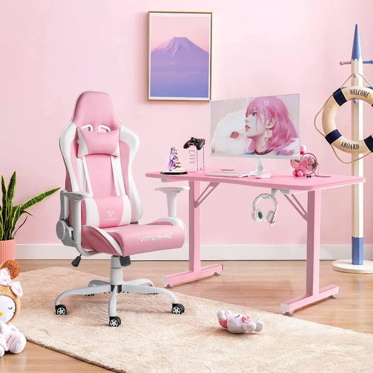PUKAMI Pink Cute Kawaii Gaming Chair for Girls - Ergonomic High Back Swivel Leather Office Chair