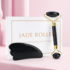 Natural Jade Stone Roller Facial Massager and Gua Sha Scraper Set for Face and Body Massage - Farefe