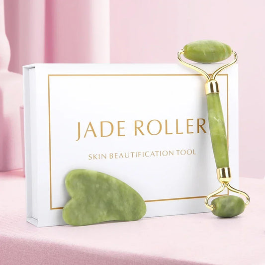 Natural Jade Stone Roller Facial Massager and Gua Sha Scraper Set for Face and Body Massage - Farefe