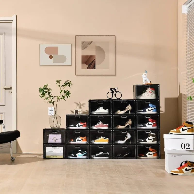 8 Pack Shoe Boxes - Large Black Plastic Stackable Shoe Storage Organizer - Farefe