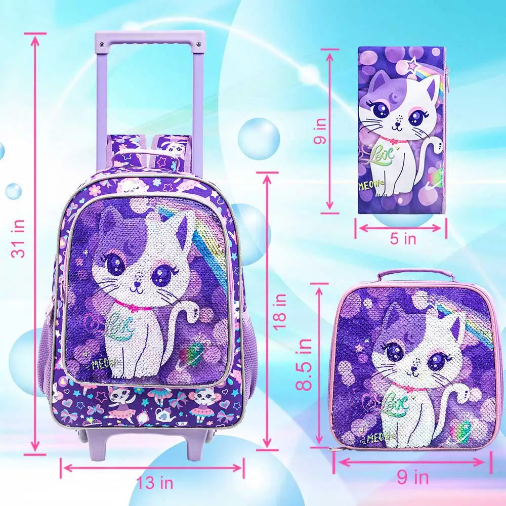 3PCS Rolling Backpack for Girls Kids Roller Wheels Bookbag with Lunch Bag Purple Cat Pattern Design - Farefe