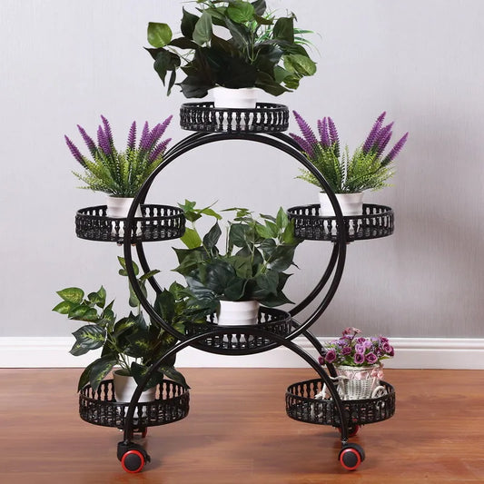 Metal Plant Stands 6 Pots Flower Rack | Indoor Outdoor | 4 Tiers | Wheel - Farefe