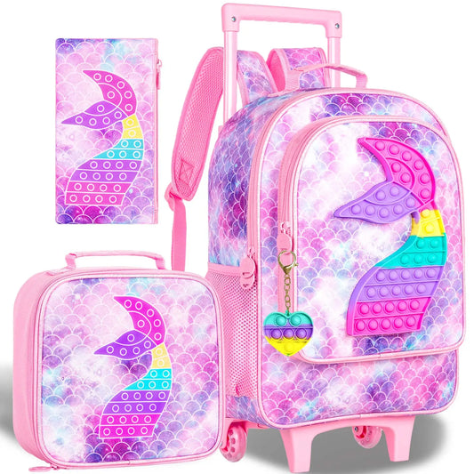 Rolling Backpack for Kids, Unicorn Dinosaur Bookbag with Roller Wheels - Farefe