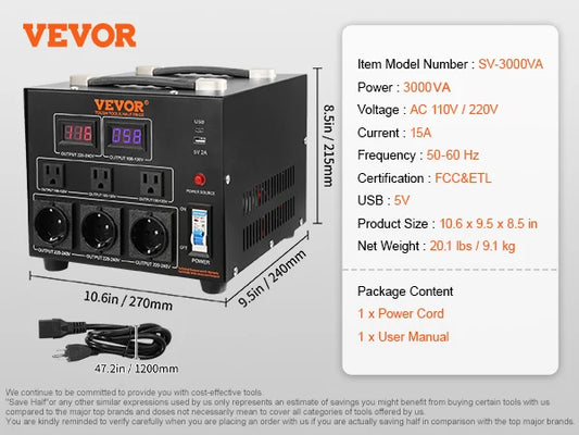 VEVOR Voltage Converter Transformer 500VA-5000VA Heavy Duty Step Up/Down Transformer with US&EU Outlet 5V USB Port CE Certified - Farefe