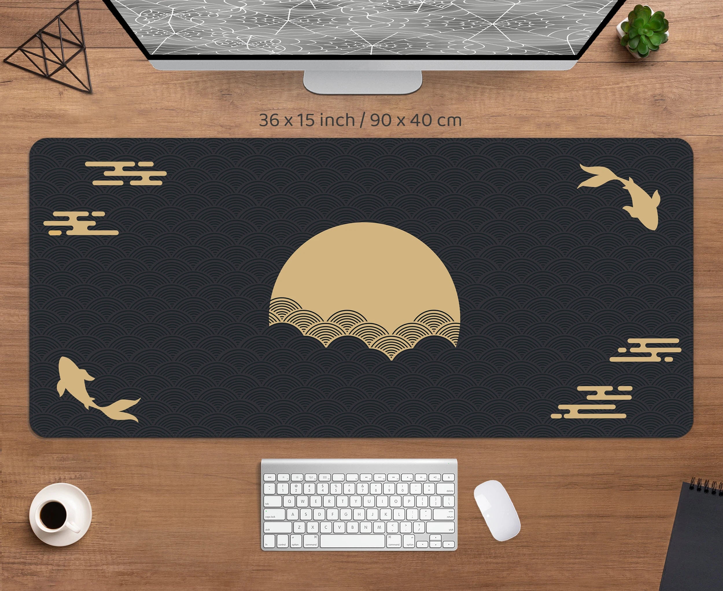 Japanese Desk Mat Black & Gold Mousepad Koi Fish Sun Cloud Japan Art Seal Sunrise Dark Sunset Large XXL Mouse Pad Gaming Deskmat - Farefe