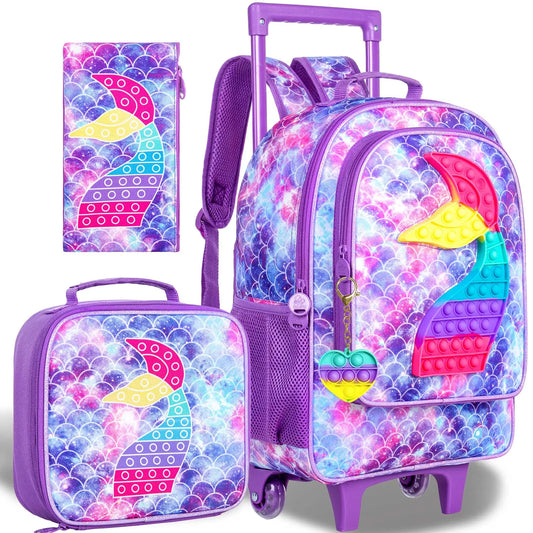 Rolling Backpack for Kids with Roller Wheels, Unicorn Dinosaur Bookbag, Suitcase School Bag Set - Farefe