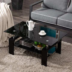 Rectangle Glass Coffee Table Metal Legs Living Room End Table, Black