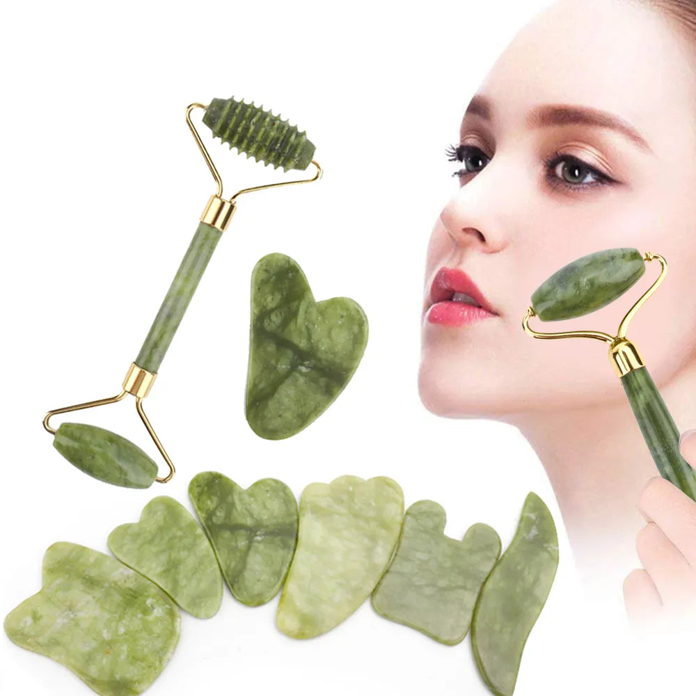 2pcs Gua Sha Massager for Face Care Jade Rollers Beauty Health Skin Scraping Chin Lifting Natural Stone Gouache Massage - Farefe