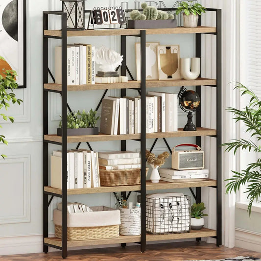 Industrial 5 Tier Rustic Wood Etagere Bookcase - Farefe