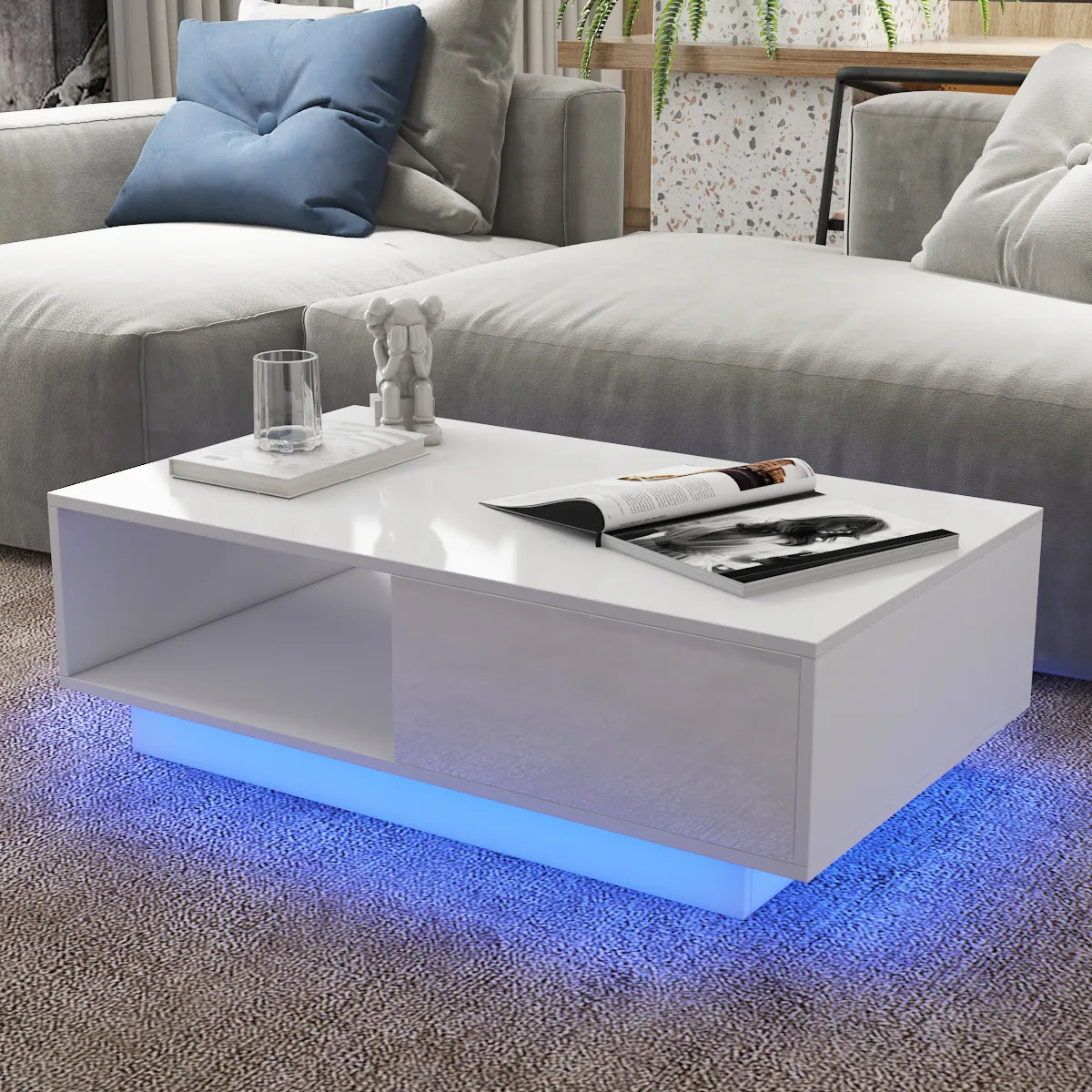 High Gloss Coffee Tables RGB LED End Table Nordic Modern Side Table Living Room Drawers Cabinet Storage Organizer Furniture - Farefe
