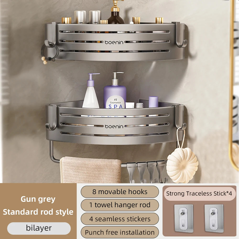 1-2PC Bathroom Corner Shelf with Hook Towel Bar No Drill Space Aluminum Shower Storage Rack - Farefe