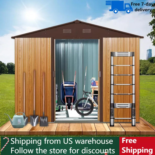 6x8 FT Outdoor Storage Shed with Metal Floor Base and Double Sliding Doors - Farefe