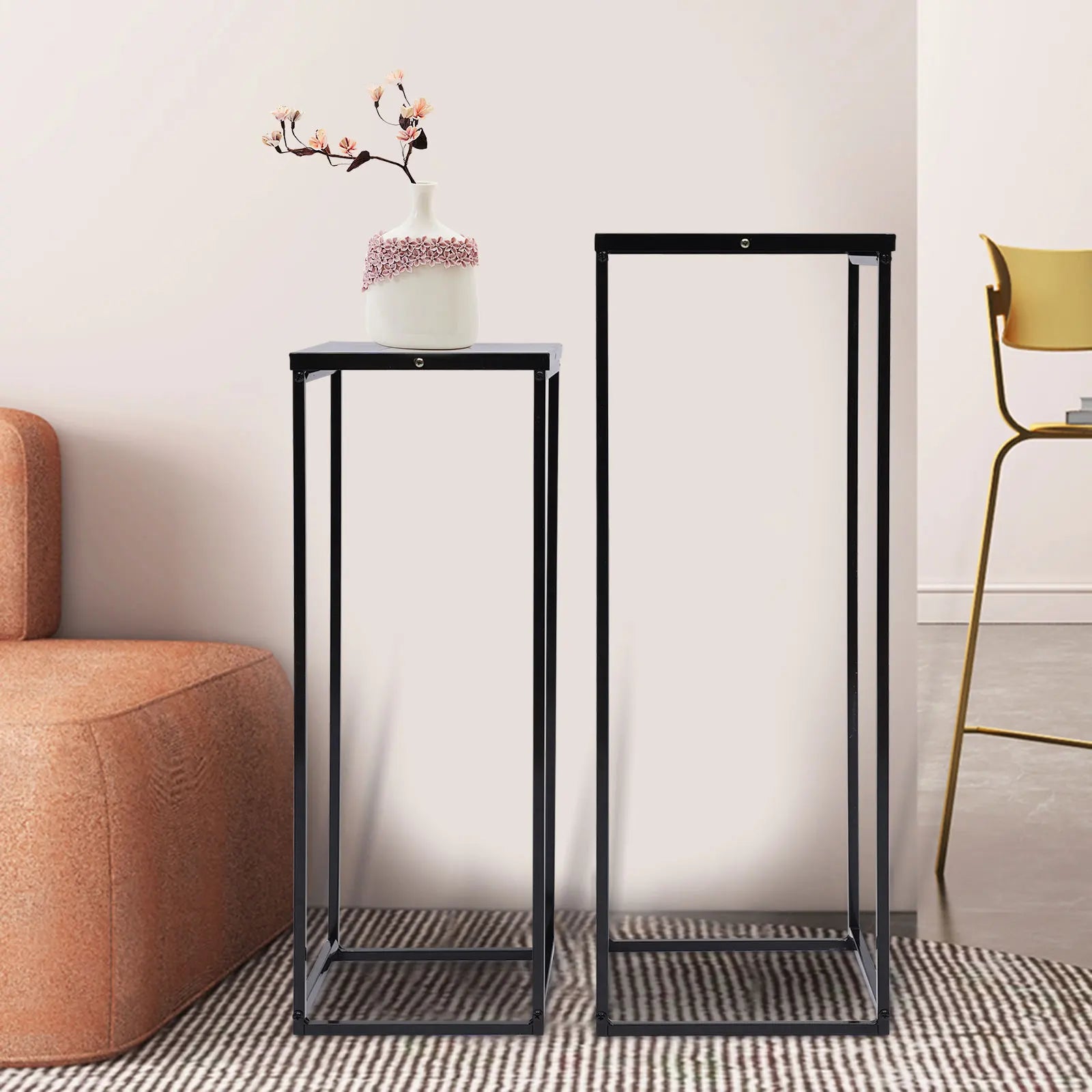 Black Set of 2 Metal Plant Stand High Square Rack Flower Holder Wedding Room Patio Garden - Farefe