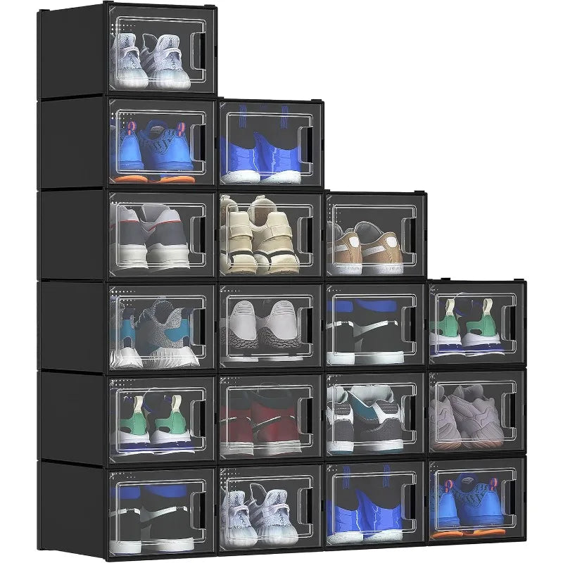 18-Piece XL Shoe Storage Box Set - Stackable Shoe Organizer Containers - Black - Farefe