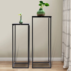 Black Set of 2 Metal Plant Stand High Square Rack Flower Holder Wedding Room Patio Garden - Farefe