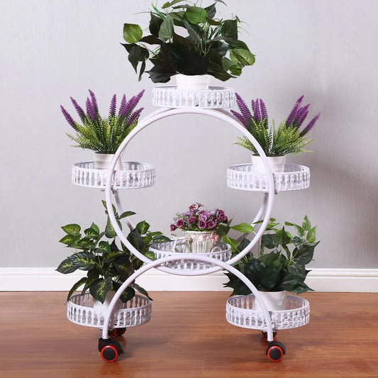 Metal Plant Stands 6 Pots Flower Rack | Indoor Outdoor | 4 Tiers | Wheel - Farefe