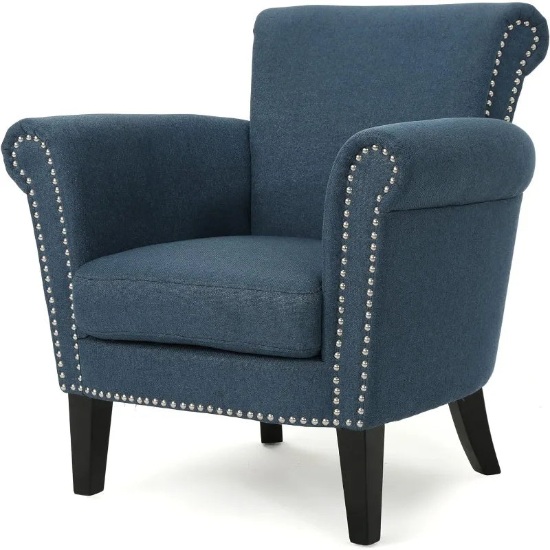 Christopher Knight Home OIMG Brice Vintage Scroll Arm Studded Fabric Club Chair, Navy Blue/Dark Brown 31"D x 29.5"W x 31.5"H - Farefe