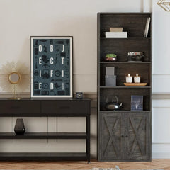 Industrial 6 Shelf Bookcase with Doors - Display Storage Shelves