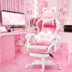 Pink Gaming Chair With Cat Paw Lumbar Cushion and Cat Ears - Farefe