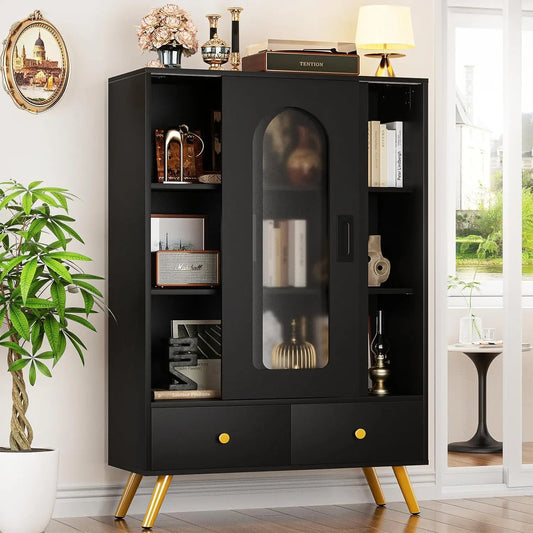 LISM Storage Cabinet with Sliding Doors, Black Accent Cabinet with Storage & Drawers, 51'' Free Standing Accent Storage Cabinet - Farefe