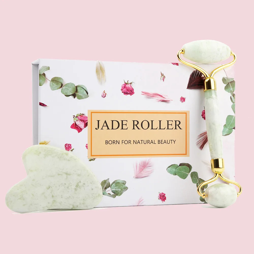 Natural Jade Stone Roller Facial Massager and Gua Sha Scraper Set for Face and Body Massage - Farefe