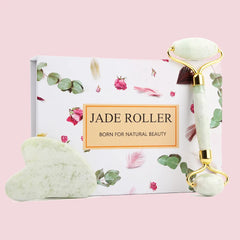 Natural Jade Stone Roller Facial Massager and Gua Sha Scraper Set for Face and Body Massage - Farefe