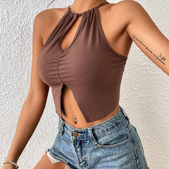 Brown Sexy Halter Spaghetti Straps Vest - Farefe