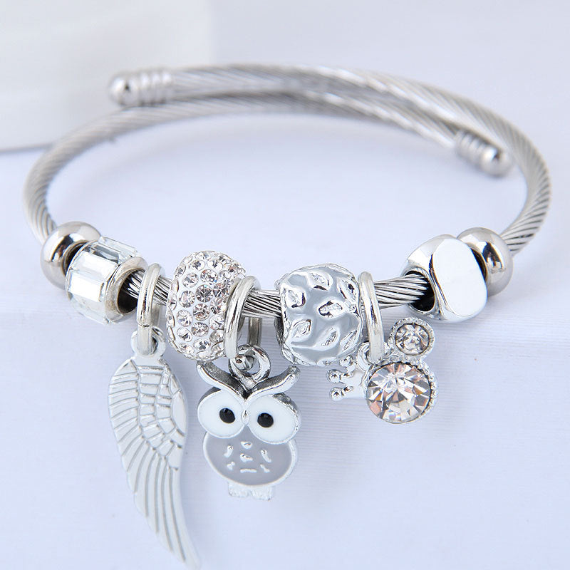 Stylish Beaded Owl Angel Wings Pendant Stainless Steel Bracelet