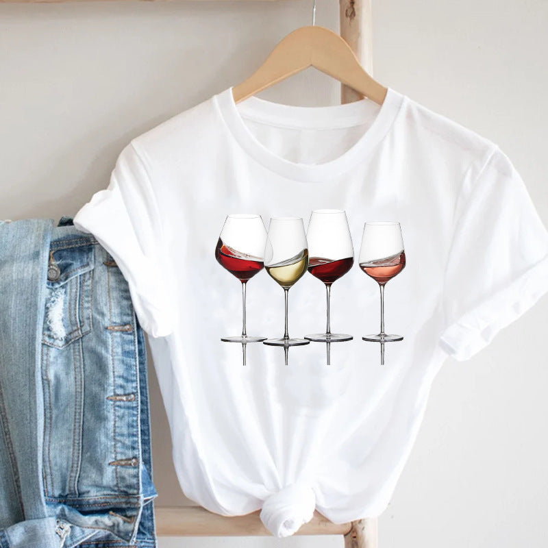 Women's Wine Print Casual Short Sleeve Clothing