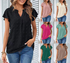 Women V Neck Ruffle Short Sleeve Chiffon Blouse Dot Flowy Shirt Top