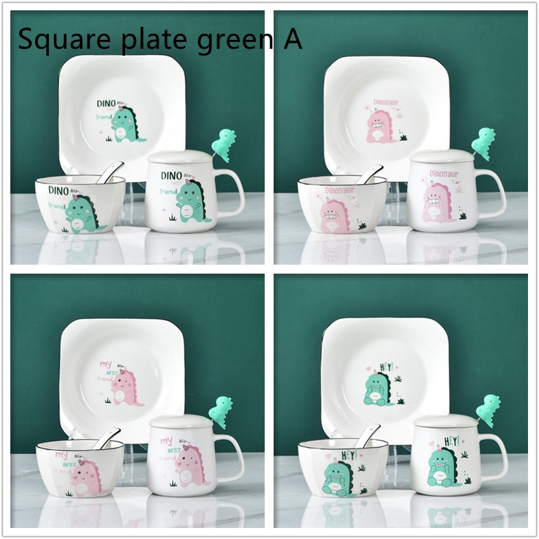 Cute Cartoon Dinosaur Ceramic Bowls And Dishes - Set of 4 Bowls and Spoons - Farefe