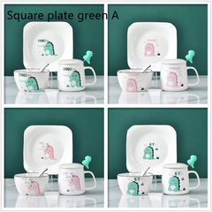 Cute Cartoon Dinosaur Ceramic Bowls And Dishes - Set of 4 Bowls and Spoons - Farefe