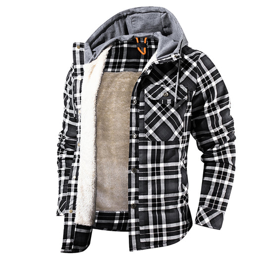 Men's Warm Plaid Hooded Jacket with Fleece Lining - Snap Button Closure - Farefe