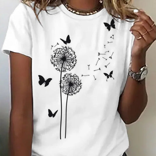Printed T-shirt Casual Tops for Women - Sweet and Fresh Style, Nylon Material, S-3XL Sizes, Multiple Colors