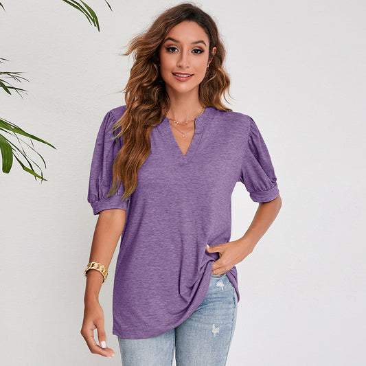 Women's Pleated Puff Sleeve Tops V Neck T Shirts Casual Loose Blouses