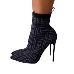 Fashion Ankle Boots Women Thigh High Heel Boots - Pointed Toe, Printed Design